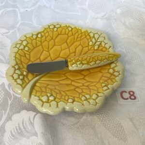 Beurrier vintage céramique jaune et son couteau Cui.c8