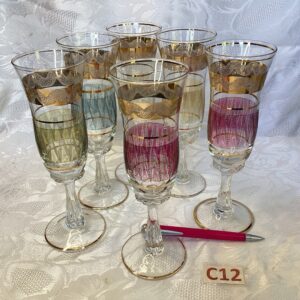 Lot de 7 flûtes à champagne vintage multicolores et dorées ver.c12