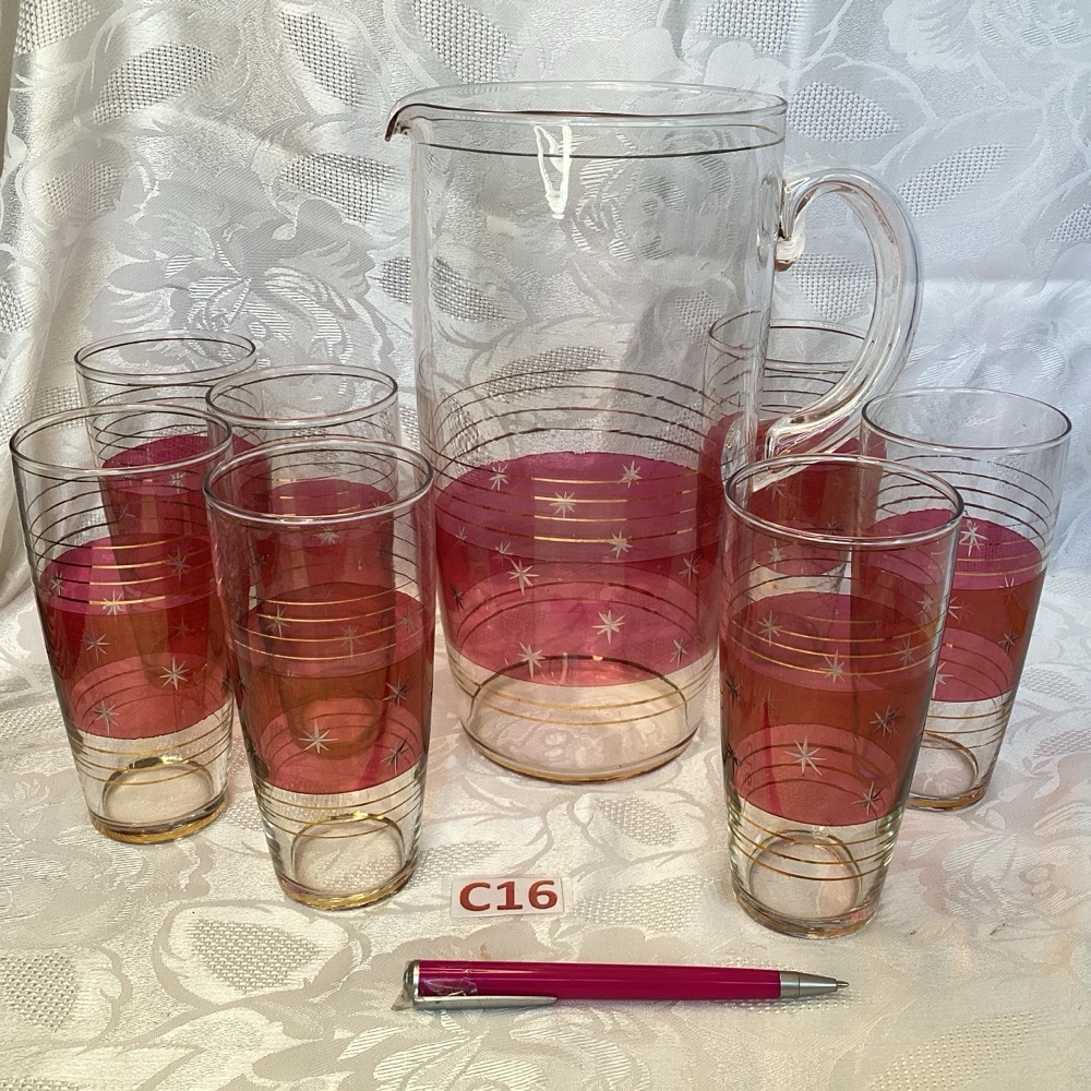 Service à orangeade vintage rouge et doré 7 verres 1 carafe ver.c16