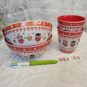 Lot de 2 bols et 2 tasses rouges et blancs hiboux dej.c6