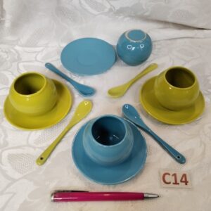 Lot de 4 ramequins, cuillère, soucoupe assortis verts et bleus pour apéritif